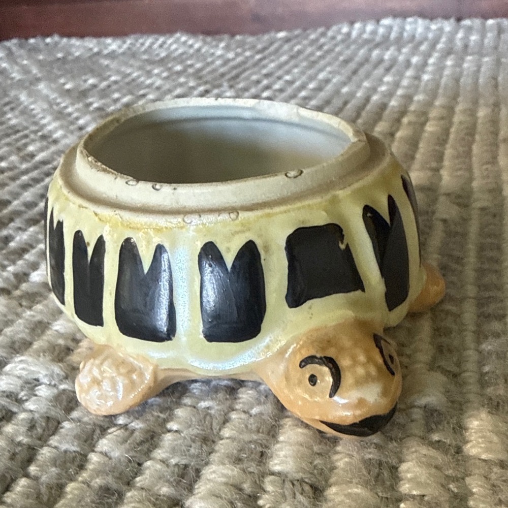 Vintage Germany Ceramic Turtle Planter Trinket Dish Yellow Black 8317 Kitsch 4"